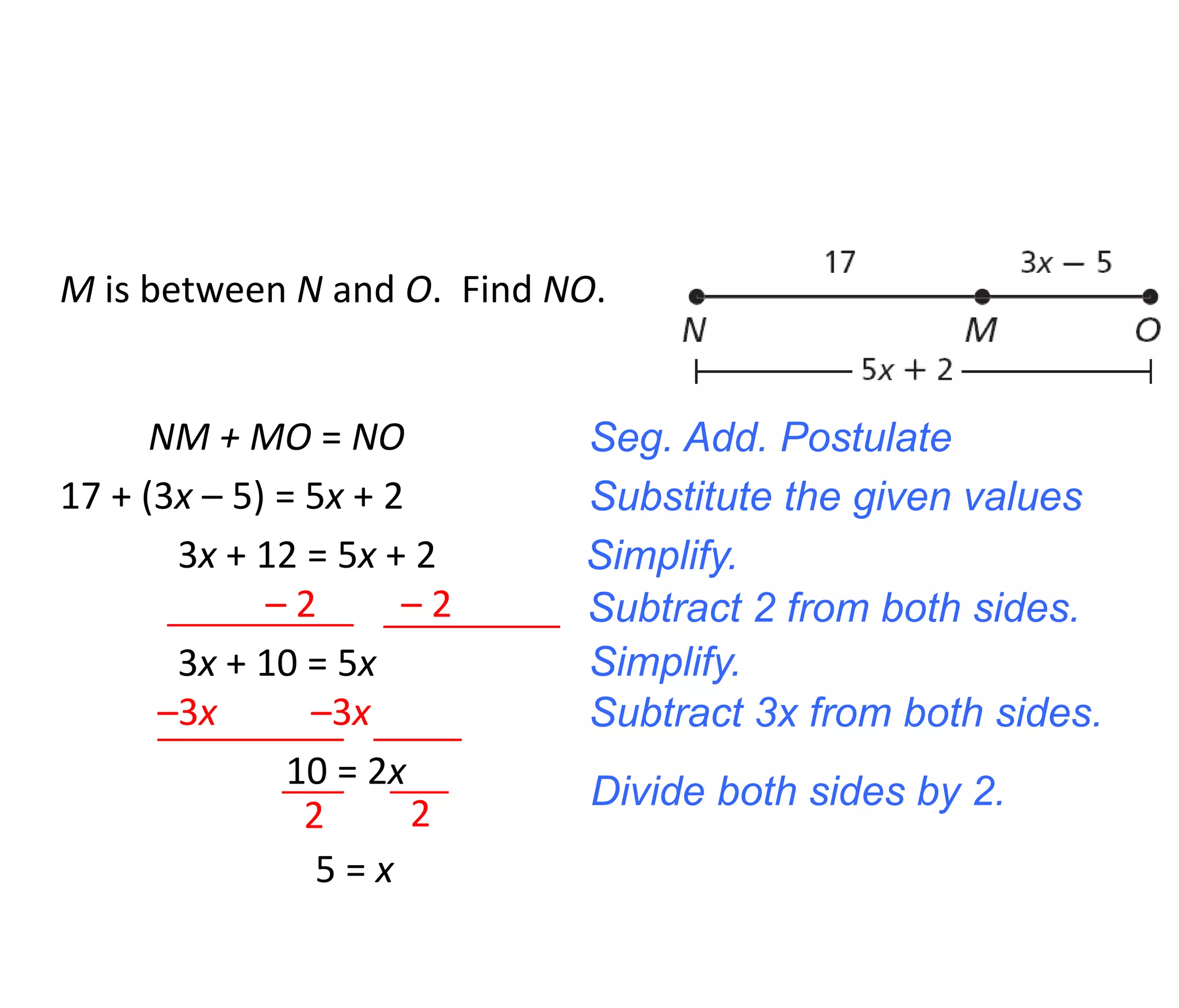 M is between N and O. Find NO. 
NM + MO = NO Seg. Add. Postulate 
17 + (3x – 5) = 5x + 2 
3x + 12 = 5x + 2 Simplify. 
– 2 – 2 
10 = 2x 
Substitute the given values 
Subtract 2 from both sides. 
3x + 10 = 5x 
–3x –3x 
2 2 
5 = x 
Simplify. 
Subtract 3x from both sides. 
Divide both sides by 2. 
 