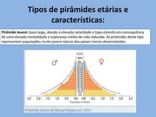Tipos de pirâmides etárias e
                      características:
Pirâmide Jovem: base larga, devido à elevada natalidade e topo estreito em consequência
de uma elevada mortalidade e esperança média de vida reduzida. As pirâmides deste tipo
representam populações muito jovens típicas dos países menos desenvolvidos.
 