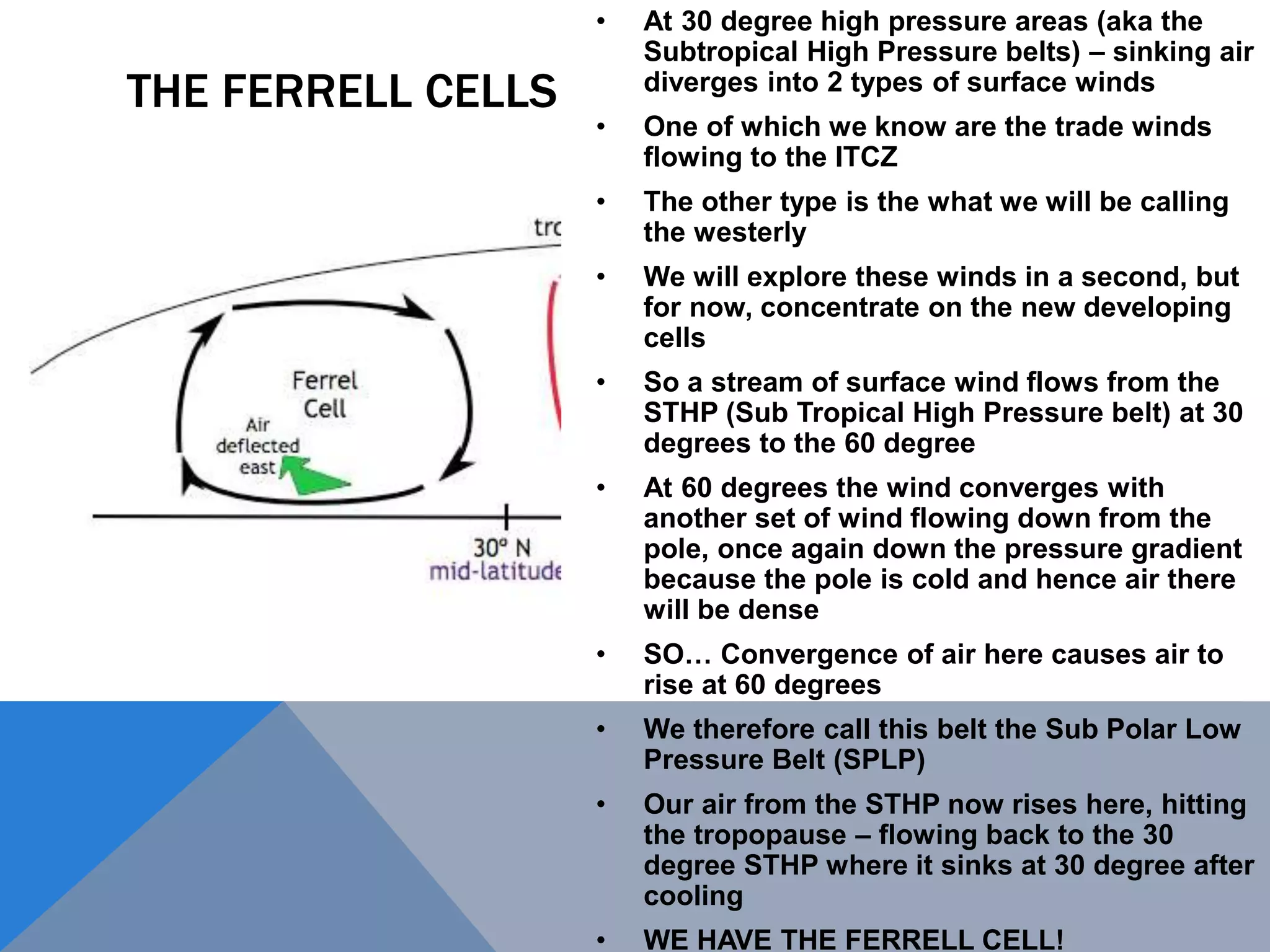 THE FERRELL CELLS
• At 30 degree high pressure areas (aka the
Subtropical High Pressure belts) – sinking air
diverges into 2 types of surface winds
• One of which we know are the trade winds
flowing to the ITCZ
• The other type is the what we will be calling
the westerly
• We will explore these winds in a second, but
for now, concentrate on the new developing
cells
• So a stream of surface wind flows from the
STHP (Sub Tropical High Pressure belt) at 30
degrees to the 60 degree
• At 60 degrees the wind converges with
another set of wind flowing down from the
pole, once again down the pressure gradient
because the pole is cold and hence air there
will be dense
• SO… Convergence of air here causes air to
rise at 60 degrees
• We therefore call this belt the Sub Polar Low
Pressure Belt (SPLP)
• Our air from the STHP now rises here, hitting
the tropopause – flowing back to the 30
degree STHP where it sinks at 30 degree after
cooling
• WE HAVE THE FERRELL CELL!
 