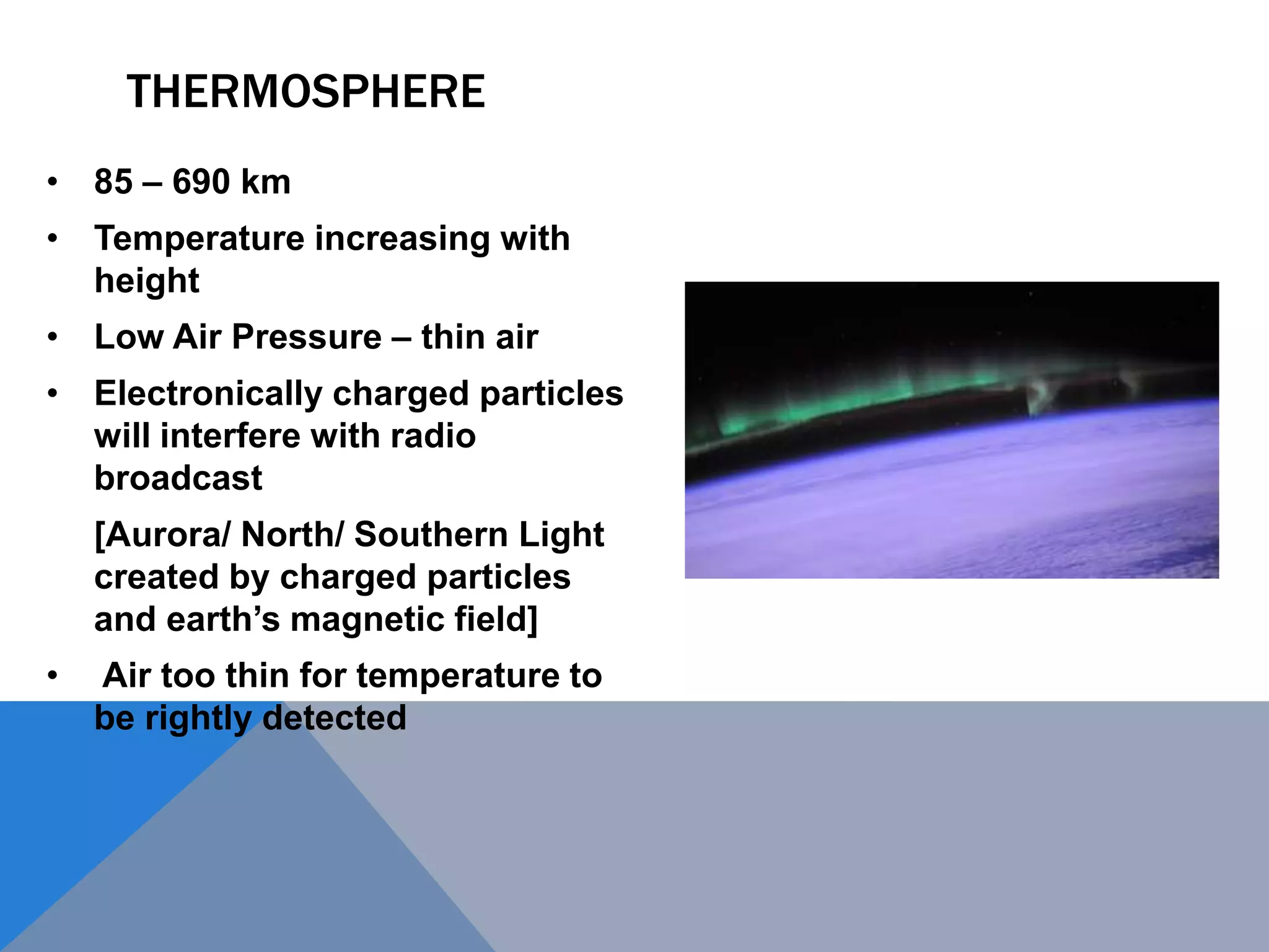 THERMOSPHERE
• 85 – 690 km
• Temperature increasing with
height
• Low Air Pressure – thin air
• Electronically charged particles
will interfere with radio
broadcast
[Aurora/ North/ Southern Light
created by charged particles
and earth’s magnetic field]
• Air too thin for temperature to
be rightly detected
 