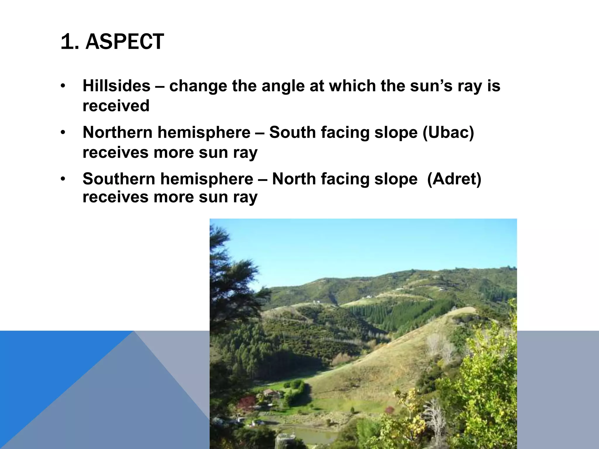 1. ASPECT
• Hillsides – change the angle at which the sun’s ray is
received
• Northern hemisphere – South facing slope (Ubac)
receives more sun ray
• Southern hemisphere – North facing slope (Adret)
receives more sun ray
 