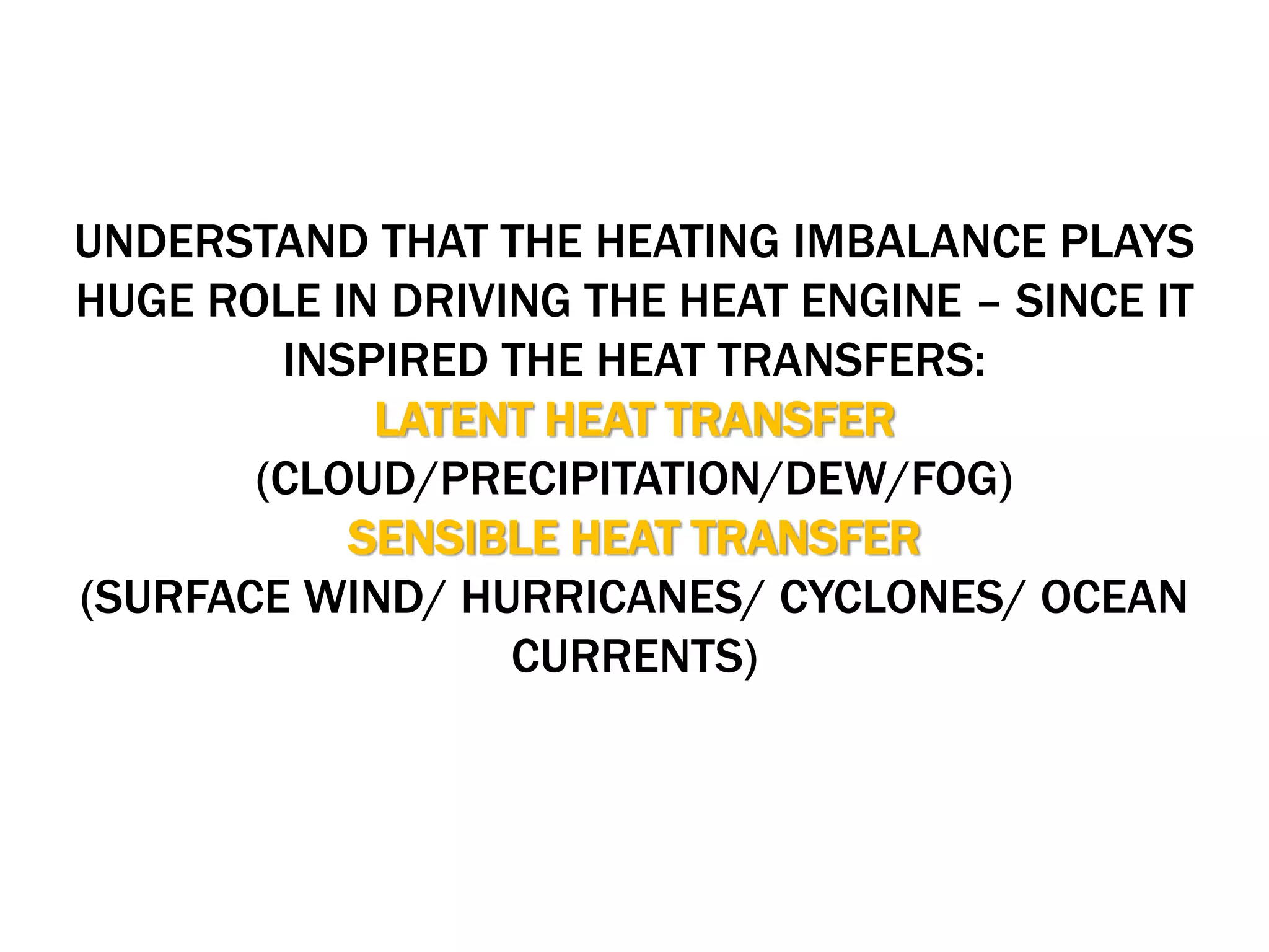 UNDERSTAND THAT THE HEATING IMBALANCE PLAYS
HUGE ROLE IN DRIVING THE HEAT ENGINE – SINCE IT
INSPIRED THE HEAT TRANSFERS:
LATENT HEAT TRANSFER
(CLOUD/PRECIPITATION/DEW/FOG)
SENSIBLE HEAT TRANSFER
(SURFACE WIND/ HURRICANES/ CYCLONES/ OCEAN
CURRENTS)
 