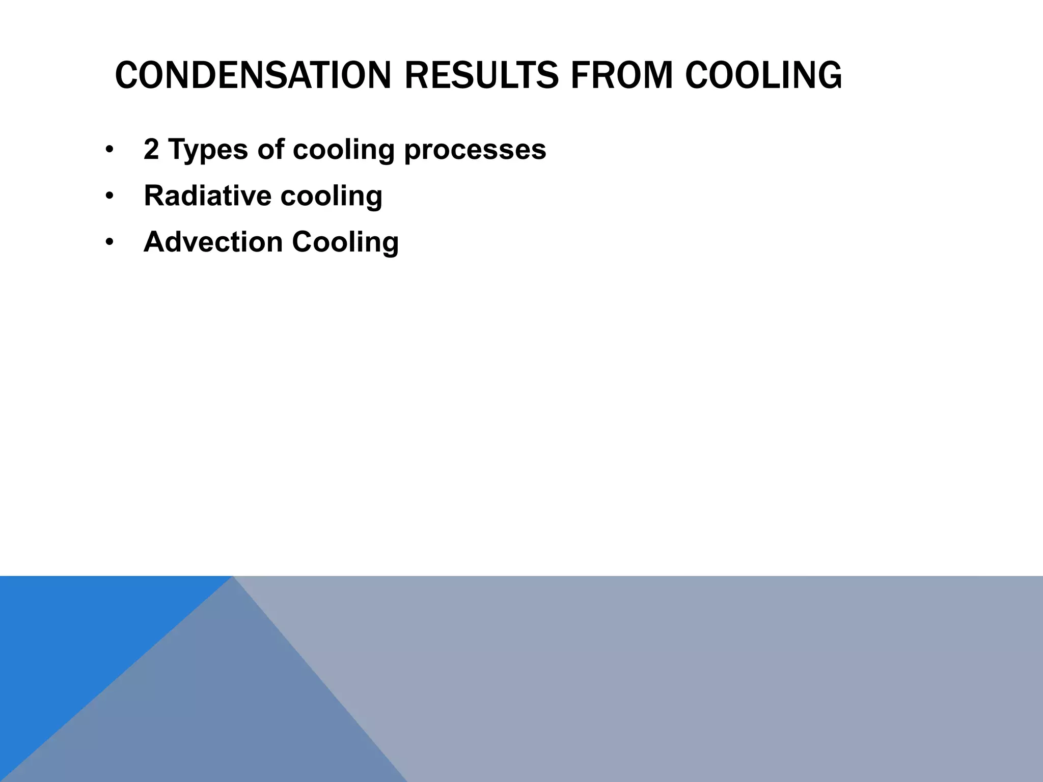 CONDENSATION RESULTS FROM COOLING
• 2 Types of cooling processes
• Radiative cooling
• Advection Cooling
 
