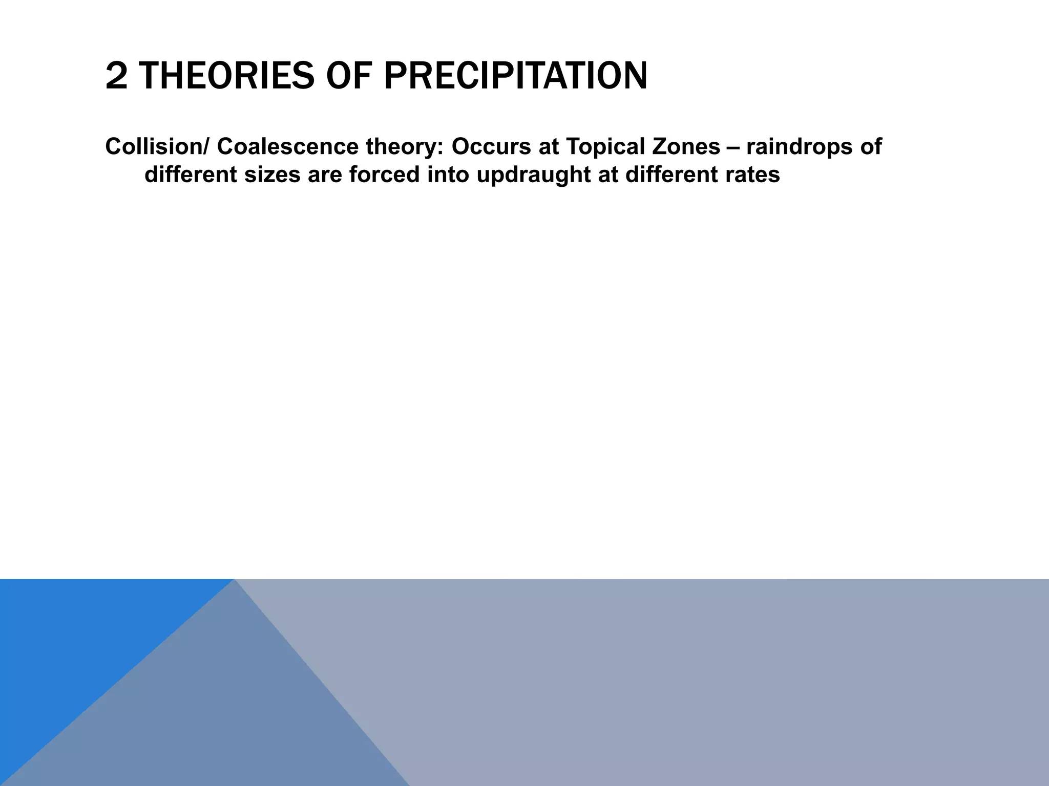 2 THEORIES OF PRECIPITATION
Collision/ Coalescence theory: Occurs at Topical Zones – raindrops of
different sizes are forced into updraught at different rates
 