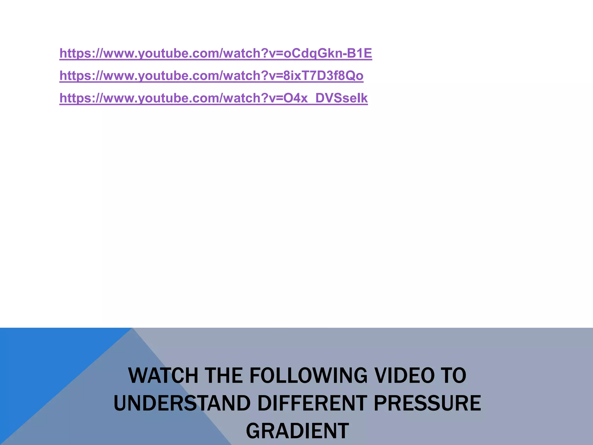 WATCH THE FOLLOWING VIDEO TO
UNDERSTAND DIFFERENT PRESSURE
GRADIENT
https://www.youtube.com/watch?v=oCdqGkn-B1E
https://www.youtube.com/watch?v=8ixT7D3f8Qo
https://www.youtube.com/watch?v=O4x_DVSseIk
 
