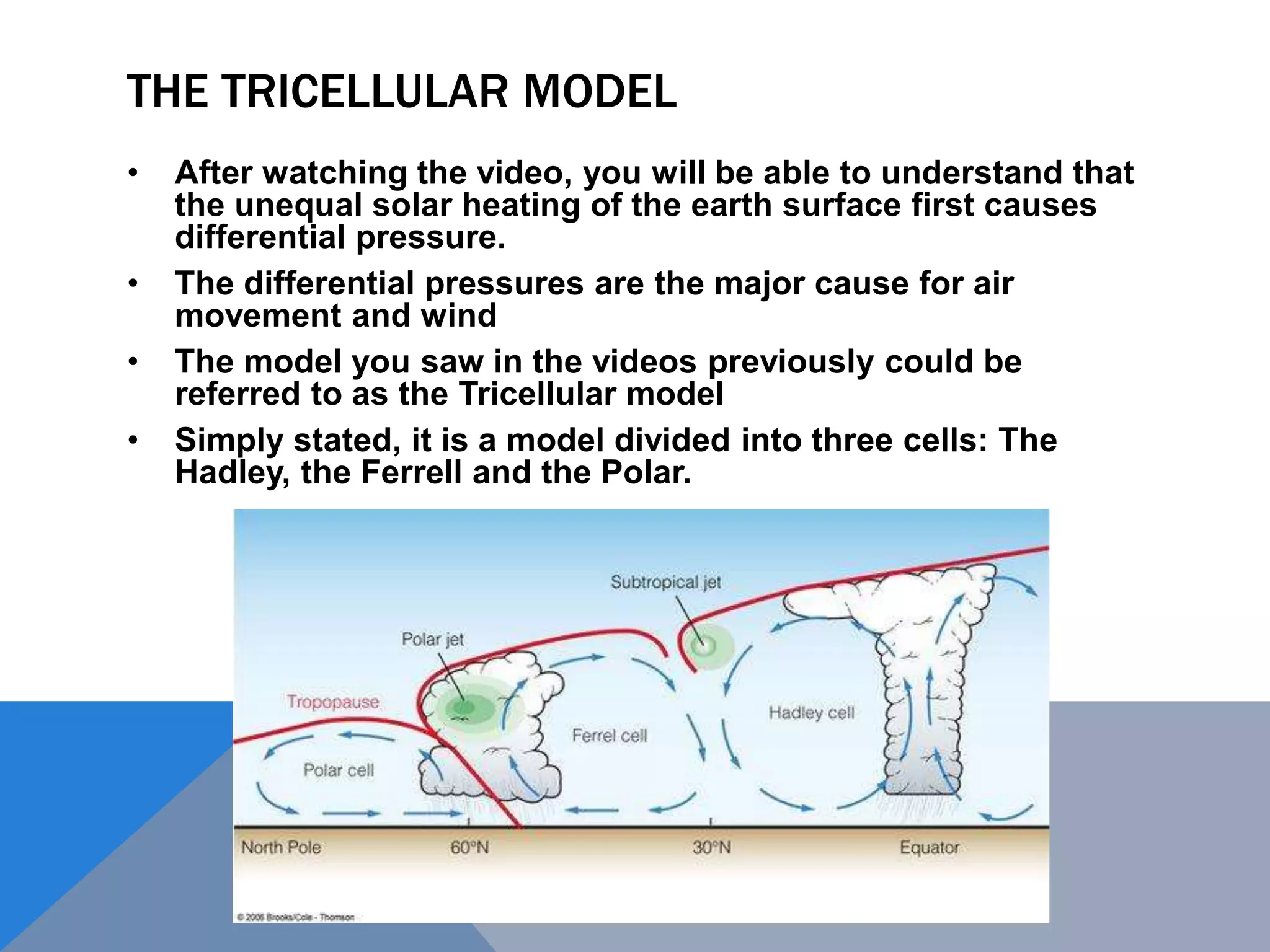 THE TRICELLULAR MODEL
• After watching the video, you will be able to understand that
the unequal solar heating of the earth surface first causes
differential pressure.
• The differential pressures are the major cause for air
movement and wind
• The model you saw in the videos previously could be
referred to as the Tricellular model
• Simply stated, it is a model divided into three cells: The
Hadley, the Ferrell and the Polar.
 