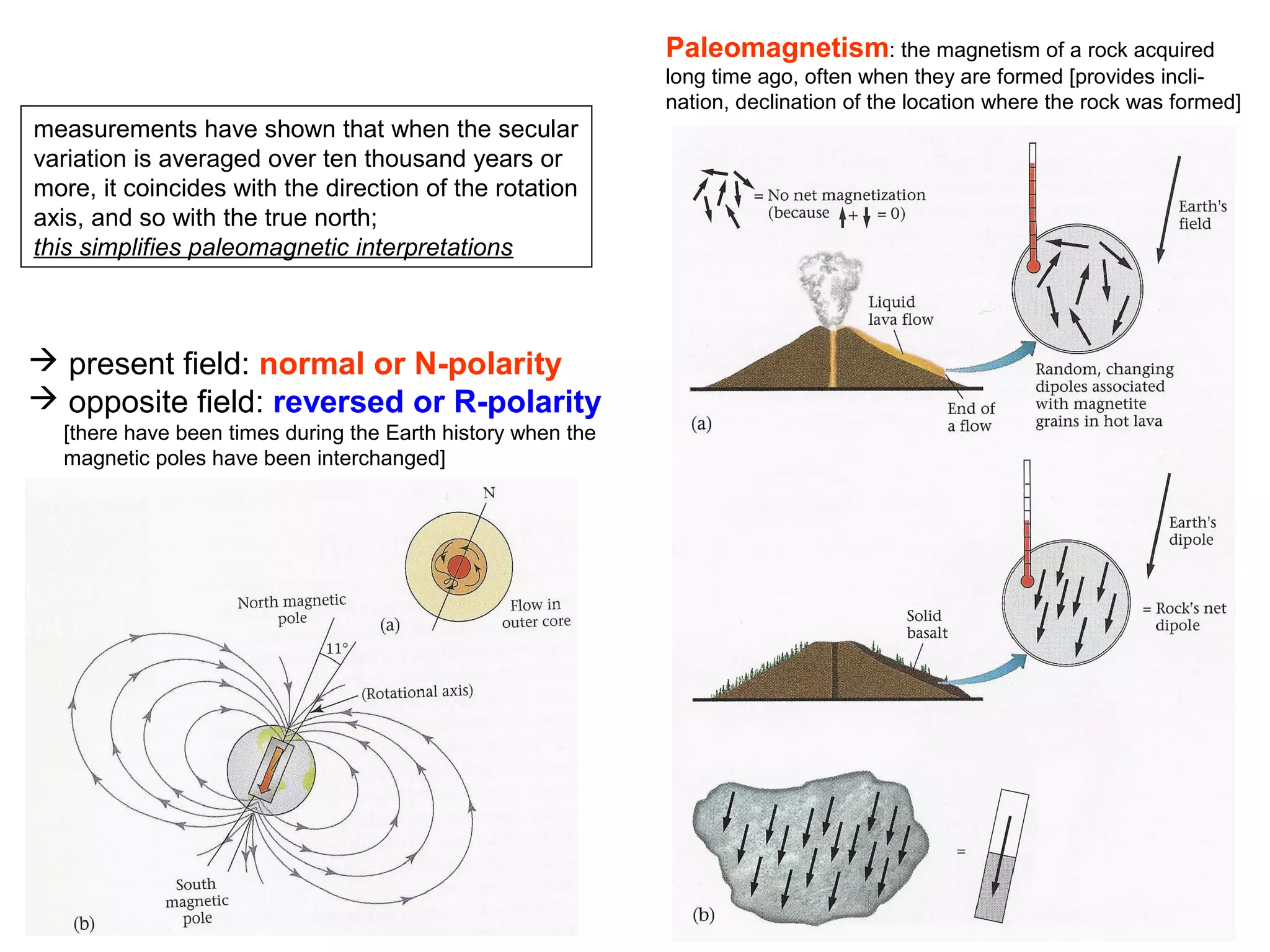 Paleomagnetism: the magnetism of a rock acquired
long time ago, often when they are formed [provides inclination, declination of the location where the rock was formed]

measurements have shown that when the secular
variation is averaged over ten thousand years or
more, it coincides with the direction of the rotation
axis, and so with the true north;
this simplifies paleomagnetic interpretations

 present field: normal or N-polarity
 opposite field: reversed or R-polarity
[there have been times during the Earth history when the
magnetic poles have been interchanged]

43

 
