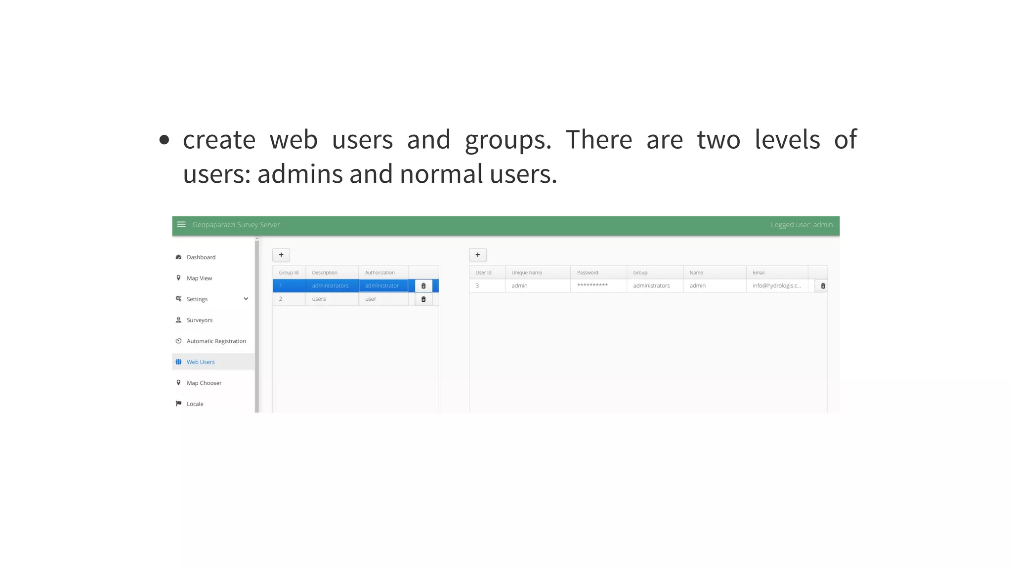 create	 web	 users	 and	 groups.	 There	 are	 two	 levels	 of
users:	admins	and	normal	users.
 