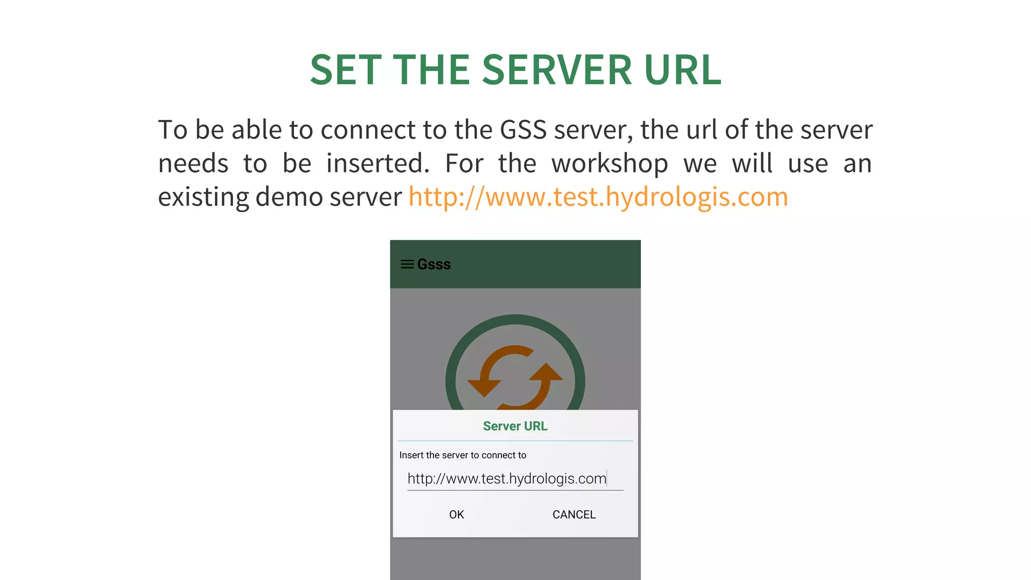 SET	THE	SERVER	URL
To	be	able	to	connect	to	the	GSS	server,	the	url	of	the	server
needs	 to	 be	 inserted.	 For	 the	 workshop	 we	 will	 use	 an
existing	demo	server	http://www.test.hydrologis.com
 