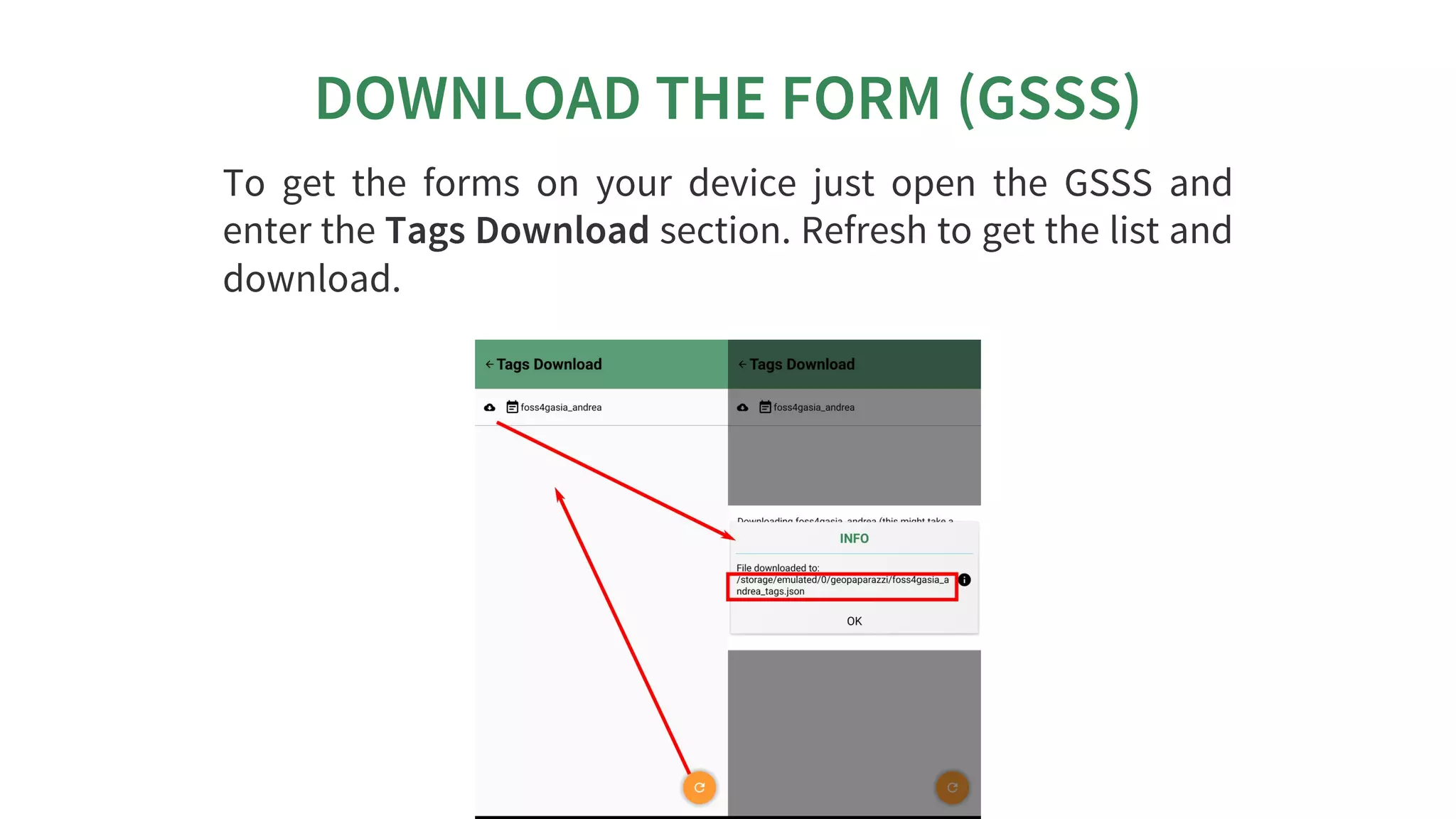 DOWNLOAD	THE	FORM	(GSSS)
To	 get	 the	 forms	 on	 your	 device	 just	 open	 the	 GSSS	 and
enter	the	Tags	Download	section.	Refresh	to	get	the	list	and
download.
 