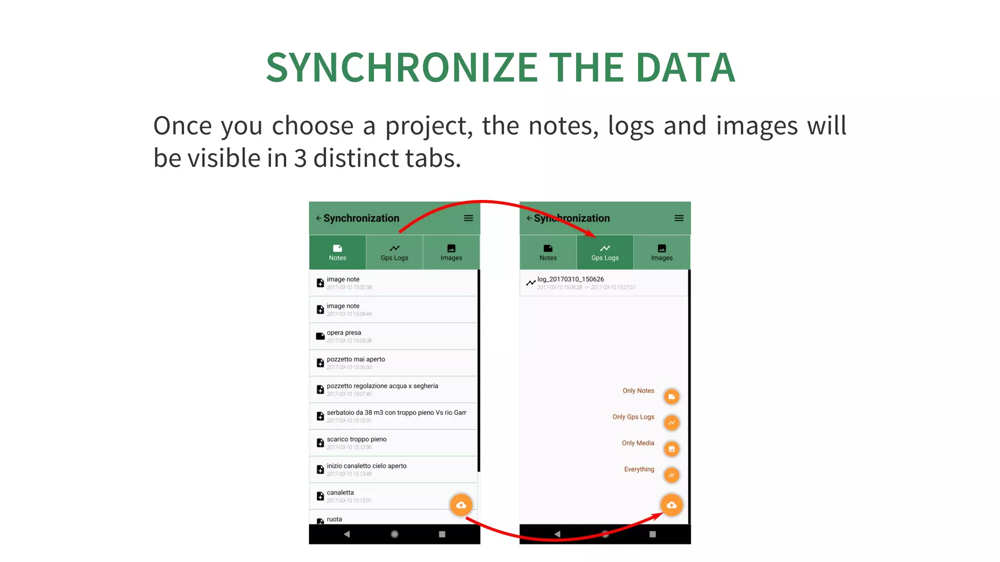 SYNCHRONIZE	THE	DATA
Once	you	choose	a	project,	the	notes,	logs	and	images	will
be	visible	in	3	distinct	tabs.
 