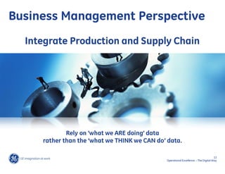 Business Management Perspective
  Integrate Production and Supply Chain




             Rely on ‘what we ARE doing’ data
     rather than the ‘what we THINK we CAN do’ data.

                                                                                    13
                                              Operational Excellence – The Digital Way
 