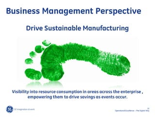 Business Management Perspective
        Drive Sustainable Manufacturing




 Visibility into resource consumption in areas across the enterprise ,
          empowering them to drive savings as events occur.

                                                                                             15
                                                       Operational Excellence – The Digital Way
 