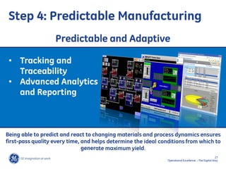 Step 4: Predictable Manufacturing
                   Predictable and Adaptive

 • Tracking and
   Traceability
 • Advanced Analytics
   and Reporting



Being able to predict and react to changing materials and process dynamics ensures
first-pass quality every time, and helps determine the ideal conditions from which to
                               generate maximum yield.
                                                                                                      27
                                                                Operational Excellence – The Digital Way
 