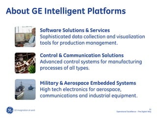 About GE Intelligent Platforms

        Software Solutions & Services
        Sophisticated data collection and visualization
        tools for production management.

        Control & Communication Solutions
        Advanced control systems for manufacturing
        processes of all types.

        Military & Aerospace Embedded Systems
        High tech electronics for aerospace,
        communications and industrial equipment.

                                                                                33
                                          Operational Excellence – The Digital Way
 