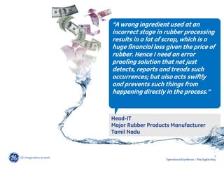 “A wrong ingredient used at an
incorrect stage in rubber processing
results in a lot of scrap, which is a
huge financial loss given the price of
rubber. Hence I need an error
proofing solution that not just
detects, reports and trends such
occurrences; but also acts swiftly
and prevents such things from
happening directly in the process.”



Head-IT
Major Rubber Products Manufacturer
Tamil Nadu



                                                           7
                    Operational Excellence – The Digital Way
 