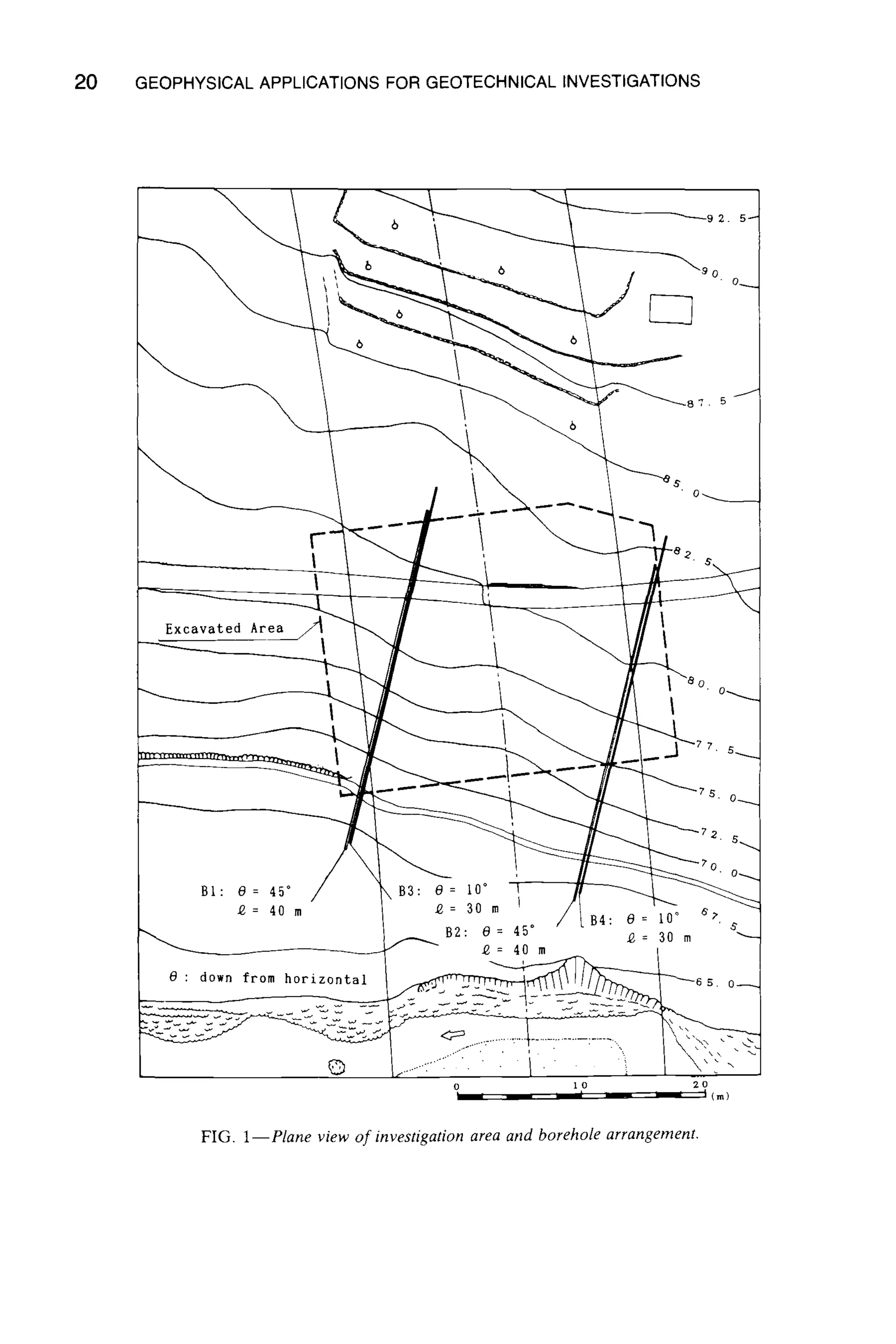 20 GEOPHYSICALAPPLICATIONSFOR GEOTECHNICALINVESTIGATIONS
2. 5~
/
98 7 . 5
Excavated Area
5 0 ~
BI: 0 = 45 ~
= 40 m
0 : down from horizontal
@
B3: e = 10 ~ 9
= 30 m I /
/
B2: 9 = 45*
= 40 m
4Y2
[ B4 e = ' $
9~= 30 m
@ ..........
),.....,-- , , ,
......" /.
~ I(m )
FIG. 1--Plane view of investigation area and borehole arrangement.
 