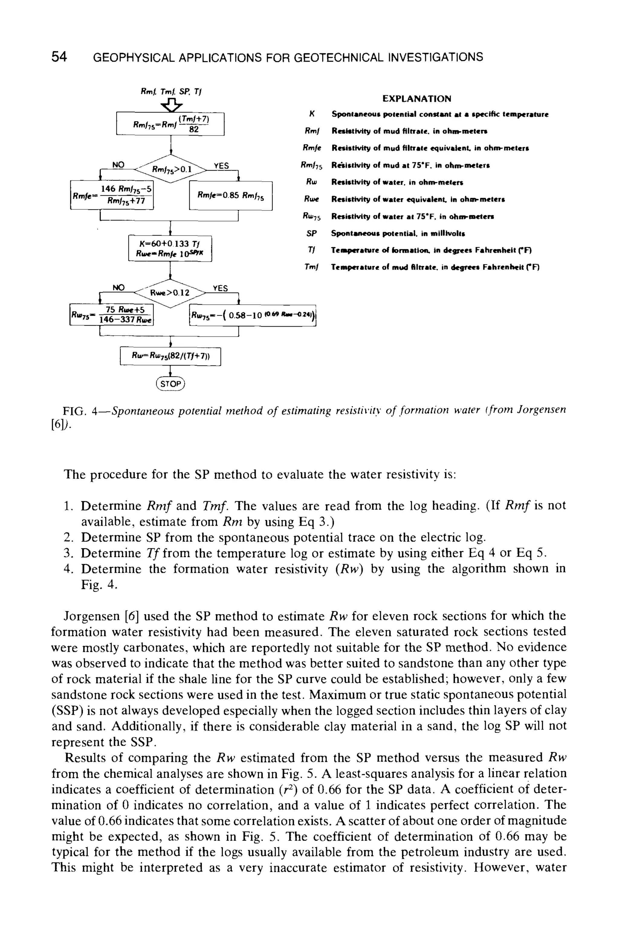 54 GEOPHYSICALAPPLICATIONSFOR GEOTECHNICALINVESTIGATIONS
Rm~, Tmt SP, "/']
L ,(Tml+7) g
Rm[75=RmI~ Rm[
Rmte
NO ~ YES Rra/75
,,.g, 146.mXTs-sl. ~ I . . . . 2_
_. I __ SP
K=00+0 133 TI
Rw~'-Rml~ lOSP/K T/
Tm]
I''~- ~ 12'~--I ..... )t
[ - - I
-- i
L .-=,-,,(8~/(T1+7)) I
EXPLANATION
Spontaneous potential constant at 9 opecl~ teml~rature
Resistivity of mud filtrate, in ohm-meters
Resistivity of mud filtrate equivalent, in ohm-m~ters
Rersistlvlty o| mud at 75"F. in ohm-meters
Reslstlvlly o| water, in ohm-meters
Resistivity of water equivalent, in ohm-meters
Resistivity of water at 75"F, in ohm-meteN
Spontaneous potential, in mlllivolts
TenpeTalvre ol Iormatlo~ in dcg~re~sFahre~helt ('F)
Temperature ol mud filtrate, in d ~ Fahrenlwit ('F)
FIG. 4--Spontaneous potentialmethod of estimating resistiritv of formation water ffrom Jorgensen
[61).
The procedure for the SP method to evaluate the water resistivity is:
1. Determine Rmf and Tmf. The values are read from the log heading. (If Rmf is not
available, estimate from Rm by using Eq 3.)
2. Determine SP from the spontaneous potential trace on the electric log.
3. Determine Tf from the temperature log or estimate by using either Eq 4 or Eq 5.
4. Determine the formation water resistivity (Rw) by using the algorithm shown in
Fig. 4.
Jorgensen [6] used the SP method to estimate Rw for eleven rock sections for which the
formation water resistivity had been measured. The eleven saturated rock sections tested
were mostly carbonates, which are reportedly not suitable for the SP method. No evidence
was observed to indicate that the method was better suited to sandstone than any other type
of rock material if the shale line for the SP curve could be established; however, only a few
sandstone rock sections were used in the test. Maximum or true static spontaneous potential
(SSP) is not always developed especially when the logged section includes thin layers of clay
and sand. Additionally, if there is considerable clay material in a sand, the log SP will not
represent the SSP.
Results of comparing the Rw estimated from the SP method versus the measured Rw
from the chemical analyses are shown in Fig. 5. A least-squares analysis for a linear relation
indicates a coefficient of determination (r2) of 0.66 for the SP data. A coefficient of deter-
mination of 0 indicates no correlation, and a value of 1 indicates perfect correlation. The
value of 0.66 indicates that some correlation exists. A scatter of about one order of magnitude
might be expected, as shown in Fig. 5. The coefficient of determination of 0.66 may be
typical for the method if the logs usually available from the petroleum industry are used.
This might be interpreted as a very inaccurate estimator of resistivity. However, water
 