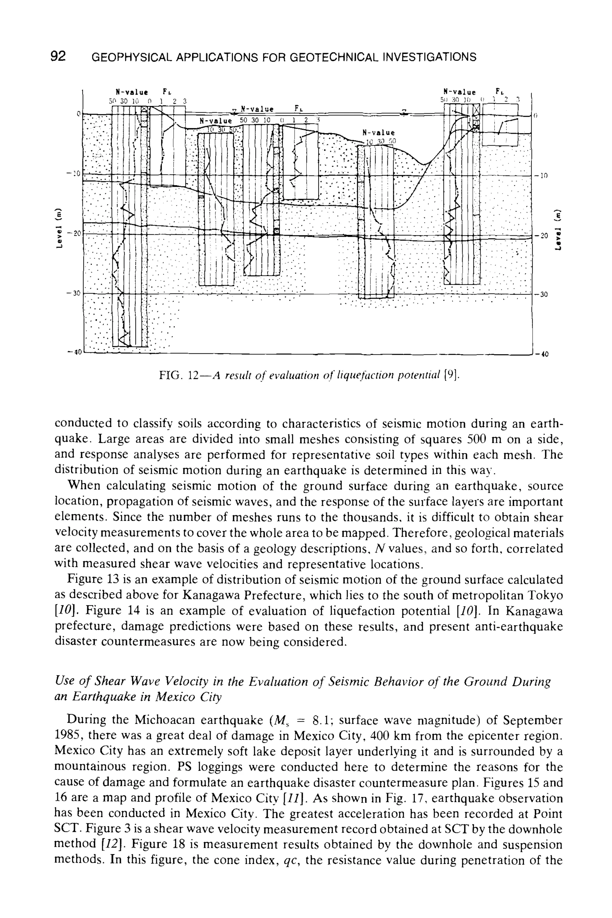 92 GEOPHYSICALAPPLICATIONS FOR GEOTECHNICAL INVESTIGATIONS
N-value
5o 30 lO I
~l,: i
9 .,,,......
I> I ,-,,,o, 5o ,o o , 2 :, - " . I , "
1 -:.::~.1 ' i !t . . "'.: . '. --7 .'. 1-
~ . ~ x ~ i ~ i .i.i!i! iilli "~ . ~.', i , .... :'J :':";" """ 9 ::i "' ;ii'i: ~
J-40
FIG. 12--A resultof evaluation ~t liqus ,~otential[9].
conducted to classify soils according to characteristics of seismic motion during an earth-
quake. Large areas are divided into small meshes consisting of squares 500 m on a side,
and response analyses are performed for representative soil types within each mesh. The
distribution of seismic motion during an earthquake is determined in this way.
When calculating seismic motion of the ground surface during an earthquake, source
location, propagation of seismic waves, and the response of the surface layers are important
elements. Since the number of meshes runs to the thousands, it is difficult to obtain shear
velocity measurements to cover the whole area to be mapped. Therefore, geological materials
are collected, and on the basis of a geology descriptions, N values, and so forth, correlated
with measured shear wave velocities and representative locations.
Figure 13 is an example of distribution of seismic motion of the ground surface calculated
as described above for Kanagawa Prefecture, which lies to the south of metropolitan Tokyo
[10]. Figure 14 is an example of evaluation of liquefaction potential [10]. In Kanagawa
prefecture, damage predictions were based on these results, and present anti-earthquake
disaster countermeasures are now being considered.
Use of Shear Wave Velocity in the Evaluation of Seismic Behavior of the Ground During
an Earthquake in Mexico City
During the Michoacan earthquake (Ms = 8.1; surface wave magnitude) of September
1985, there was a great deal of damage in Mexico City, 400 km from the epicenter region.
Mexico City has an extremely soft lake deposit layer underlying it and is surrounded by a
mountainous region. PS loggings were conducted here to determine the reasons for the
cause of damage and formulate an earthquake disaster countermeasure plan. Figures 15 and
16 are a map and profile of Mexico City [11]. As shown in Fig. 17, earthquake observation
has been conducted in Mexico City. The greatest acceleration has been recorded at Point
SCT. Figure 3 is a shear wave velocity measurement record obtained at SCT by the downhole
method [121. Figure 18 is measurement results obtained by the downhole and suspension
methods. In this figure, the cone index, qc, the resistance value during penetration of the
 