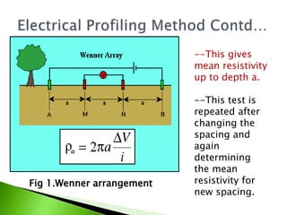 --This gives
mean resistivity
up to depth a.
--This test is
repeated after
changing the
spacing and
again
determining
the mean
resistivity for
new spacing.
Fig 1.Wenner arrangement
 