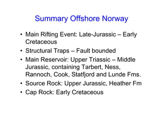 Summary Offshore Norway
• Main Rifting Event: Late-Jurassic – Early
Cretaceous
• Structural Traps – Fault bounded
• Main Reservoir: Upper Triassic – Middle
Jurassic, containing Tarbert, Ness,
Rannoch, Cook, Statfjord and Lunde Fms.
• Source Rock: Upper Jurassic, Heather Fm
• Cap Rock: Early Cretaceous
 
