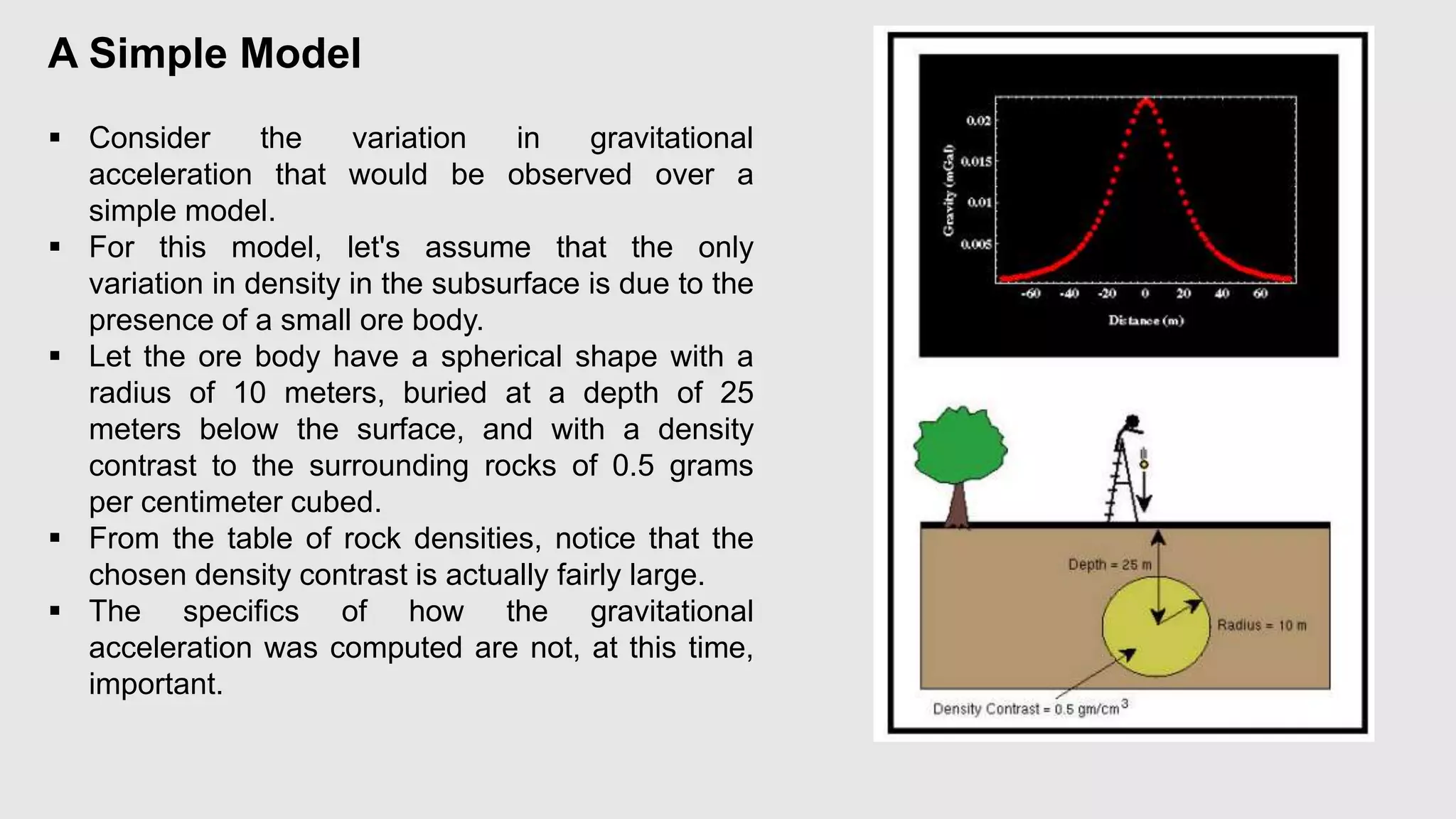 A Simple Model
 Consider the variation in gravitational
acceleration that would be observed over a
simple model.
 For this model, let's assume that the only
variation in density in the subsurface is due to the
presence of a small ore body.
 Let the ore body have a spherical shape with a
radius of 10 meters, buried at a depth of 25
meters below the surface, and with a density
contrast to the surrounding rocks of 0.5 grams
per centimeter cubed.
 From the table of rock densities, notice that the
chosen density contrast is actually fairly large.
 The specifics of how the gravitational
acceleration was computed are not, at this time,
important.
 