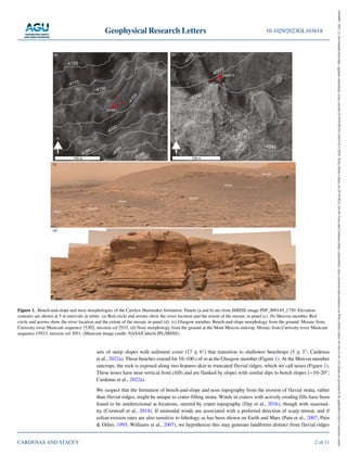 Geophysical Research Letters
CARDENAS AND STACEY
10.1029/2023GL103618
2 of 11
sets of steep slopes with sediment cover (17 ± 6°) that transition to shallower benchtops (5 ± 3°; Cardenas
et al., 2022a). These benches extend for 10–100 s of m at the Glasgow member (Figure 1). At the Mercou member
outcrops, the rock is exposed along two features akin to truncated fluvial ridges, which we call noses (Figure 1).
These noses have near-vertical front cliffs and are flanked by slopes with similar dips to bench slopes (∼10–20°;
Cardenas et al., 2022a).
We suspect that the formation of bench-and-slope and nose topography from the erosion of fluvial strata, rather
than fluvial ridges, might be unique to crater-filling strata. Winds in craters with actively eroding fills have been
found to be unidirectional at locations, steered by crater topography (Day et al., 2016), though with seasonal-
ity (Cornwall et al., 2018). If unimodal winds are associated with a preferred direction of scarp retreat, and if
eolian erosion rates are also sensitive to lithology as has been shown on Earth and Mars (Pain et al., 2007; Pain
 Oilier, 1995; Williams et al., 2007), we hypothesize this may generate landforms distinct from fluvial ridges
Figure 1. Bench-and-slope and nose morphologies of the Carolyn Shoemaker formation. Panels (a and b) are from HiRISE image PSP_009149_1750. Elevation
contours are shown at 5 m intervals in white. (a) Red circle and arrows show the rover location and the extent of the mosaic in panel (c). (b) Mercou member. Red
circle and arrows show the rover location and the extent of the mosaic in panel (d). (c) Glasgow member. Bench-and-slope morphology from the ground. Mosaic from
Curiosity rover Mastcam sequence 15302, mission sol 2933. (d) Nose morphology from the ground at the Mont Mercou outcrop. Mosaic from Curiosity rover Mastcam
sequence 15933, mission sol 3051. (Mastcam image credit: NASA/Caltech-JPL/MSSS).
19448007,
2023,
15,
Downloaded
from
https://agupubs.onlinelibrary.wiley.com/doi/10.1029/2023GL103618
by
CAPES,
Wiley
Online
Library
on
[29/10/2023].
See
the
Terms
and
Conditions
(https://onlinelibrary.wiley.com/terms-and-conditions)
on
Wiley
Online
Library
for
rules
of
use;
OA
articles
are
governed
by
the
applicable
Creative
Commons
License
 