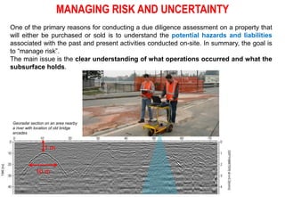 One of the primary reasons for conducting a due diligence assessment on a property that
will either be purchased or sold is to understand the potential hazards and liabilities
associated with the past and present activities conducted on-site. In summary, the goal is
to “manage risk”.
The main issue is the clear understanding of what operations occurred and what the
subsurface holds.
MANAGING RISK AND UNCERTAINTY
Georadar section on an area nearby
a river with location of old bridge
arcades
10 m
1 m
 