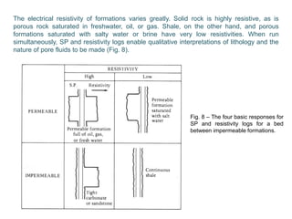 The electrical resistivity of formations varies greatly. Solid rock is highly resistive, as is
porous rock saturated in freshwater, oil, or gas. Shale, on the other hand, and porous
formations saturated with salty water or brine have very low resistivities. When run
simultaneously, SP and resistivity logs enable qualitative interpretations of lithology and the
nature of pore fluids to be made (Fig. 8).
Fig. 8 – The four basic responses for
SP and resistivity logs for a bed
between impermeable formations.
 