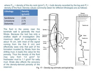 where Pma = density of the dry rock (g/cm3), Pb = bulk density recorded by the log and Pf =
density of the fluid. Density values commonly taken for different lithologies are as follows:
Lithology Density
(g/cm3)
Sandstone
Limestone
Dolomite
2.65
2.71
2.87
Fig. 17 – Density log schmatic and typical log.
The fluid in the pores near the
borehole wall is generally the mud
filtrate. Because the tool has only a
shallow depth of investigation (the
maximum depth of investigation is
about 15 cm, with most of the signal
coming from the first 8 cm) and
effectively sees only that part of the
formation invaded by filtrate from the
drilling mud, it reads this value for the
porosity. Thus the density of the fluid
may vary from 1.0 g/cm3 for
freshwater mud to 1.1 g/cm3 for salty
mud. Shale also affects the accuracy
of the density-derived porosity of the
reservoir.
 