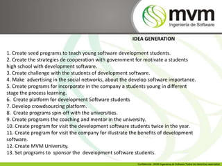 Confidencial - MVM Ingeniería de Software S.A., todos los derechos reservadosConfidencial - MVM Ingeniería de Software Todos los derechos reservados
IDEA GENERATION
1. Create seed programs to teach young software development students.
2. Create the strategies de cooperation with government for motivate a students
high school with development software.
3. Create challenge with the students of development software.
4. Make advertising in the social networks, about the develop software importance.
5. Create programs for incorporate in the company a students young in different
stage the process learning.
6. Create platform for development Software students
7. Develop crowdsourcing platform.
8. Create programs spin-off with the universities.
9. Create programs the coaching and mentor in the university.
10. Create program for visit the development software students twice in the year.
11. Create program for visit the company for illustrate the benefits of development
software.
12. Create MVM University.
13. Set programs to sponsor the development software students.
 