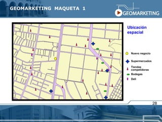 Ubicación espacial Supermercados Tiendas  competidoras Nuevo negocio Bodegas GEOMARKETING  MAQUETA  1 Deli 28 