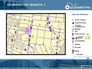 Zona de influencia  29 GEOMARKETING  MAQUETA  2 Supermercados Tiendas  competidoras Nuevo negocio Bodegas Deli Livianos Buses,  Combustibles Carros livianos Iglesia Escuela Nodos Bus stop 
