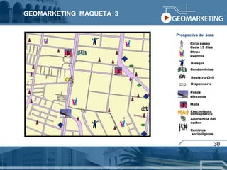 Prospectiva del área Ciclo paseo Cada 15 días Riesgos Dispensario Registro Civil Otros  eventos Condominios Pasos elevados Malls Crecimiento demográfico Apariencia del sector Cambios sociológicos 30 GEOMARKETING  MAQUETA  3 