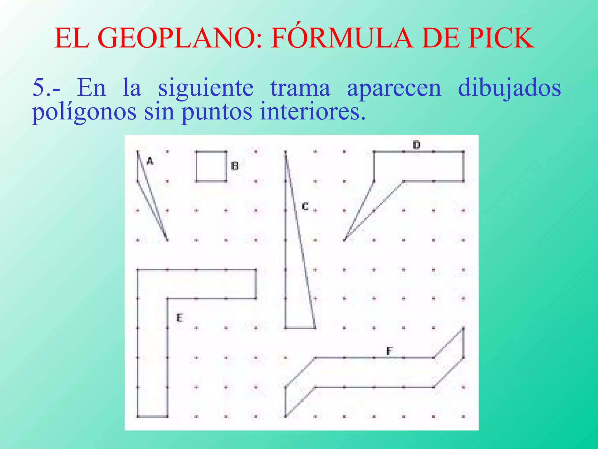 EL GEOPLANO: FÓRMULA DE PICK 5.- En la siguiente trama aparecen dibujados polígonos sin puntos interiores. 