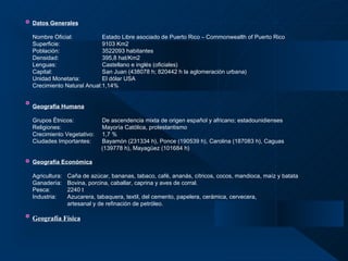 Datos Generales   Nombre Oficial: Estado Libre asociado de Puerto Rico – Commonwealth of Puerto Rico  Superficie: 9103 Km2 Población:   3522093 habitantes Densidad:   395,8 hat/Km2 Lenguas: Castellano e inglés (oficiales) Capital: San Juan (438078 h; 820442 h la aglomeración urbana) Unidad Monetaria: El dólar USA Crecimiento Natural Anual:1,14% Geografía Humana   Grupos Étnicos: De ascendencia mixta de origen español y africano; estadounidienses Religiones:    Mayoría Católica, protestantismo Crecimiento Vegetativo: 1,7 % Ciudades Importantes: Bayamón (231334 h), Ponce (190539 h), Carolina (187083 h), Caguas    (139778 h), Mayagüez (101684 h)   Geografía Económica   Agricultura:  Caña de azúcar, bananas, tabaco, café, ananás, cítricos, cocos, mandioca, maíz y batata  Ganadería: Bovina, porcina, caballar, caprina y aves de corral. Pesca: 2240 t Industria: Azucarera, tabaquera, textil, del cemento, papelera, cerámica, cervecera,  a rtesanal y de refinación de petróleo.   Geografía Física   