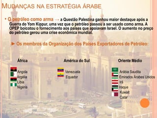 MUDANÇAS NA ESTRATÉGIA ÁRABE
• O petróleo como arma → a Questão Palestina ganhou maior destaque após a
Guerra do Yom Kippur, uma vez que o petróleo passou a ser usado como arma. A
OPEP boicotou o fornecimento aos países que apoiavam Israel. O aumento no preço
do petróleo gerou uma crise econômica mundial.
►Os membros da Organização dos Países Exportadores de Petróleo:
África América do Sul Oriente Médio
Angola Venezuela Arábia Saudita
Argélia Equador Emirados Árabes Unidos
Líbia Irã
Nigéria Iraque
Kuwait
Catar
 