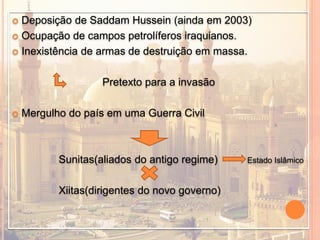  Deposição de Saddam Hussein (ainda em 2003)
 Ocupação de campos petrolíferos iraquianos.
 Inexistência de armas de destruição em massa.
Pretexto para a invasão
 Mergulho do país em uma Guerra Civil
Sunitas(aliados do antigo regime) Estado Islâmico
Xiitas(dirigentes do novo governo)
 
