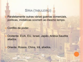 SÍRIA (TABULEIRO)
 Paralelamente outras várias guerras comerciais,
políticas, midiáticas ocorrem ao mesmo tempo.
 Conflito de poder.
 Ocidente: EUA, EU, Israel, Japão, Arábia Saudita
aliados.
 Oriente: Rússia, China, Irã, aliados.
 