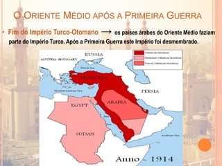 O ORIENTE MÉDIO APÓS A PRIMEIRA GUERRA
• Fim do Império Turco-Otomano → os países árabes do Oriente Médio faziam
parte do Império Turco. Após a Primeira Guerra este Império foi desmembrado.
 