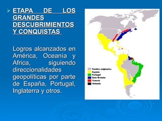 ETAPA DE LOS GRANDES DESCUBRIMIENTOS Y CONQUISTAS  Logros alcanzados en América, Oceanía y Africa, siguiendo direccionalidades geopolíticas por parte de España, Portugal, Inglaterra y otros. 
