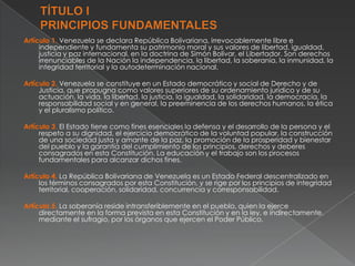Artículo 1. Venezuela se declara República Bolivariana, irrevocablemente libre e
independiente y fundamenta su patrimonio moral y sus valores de libertad, igualdad,
justicia y paz internacional, en la doctrina de Simón Bolívar, el Libertador. Son derechos
irrenunciables de la Nación la independencia, la libertad, la soberanía, la inmunidad, la
integridad territorial y la autodeterminación nacional.
Artículo 2. Venezuela se constituye en un Estado democrático y social de Derecho y de
Justicia, que propugna como valores superiores de su ordenamiento jurídico y de su
actuación, la vida, la libertad, la justicia, la igualdad, la solidaridad, la democracia, la
responsabilidad social y en general, la preeminencia de los derechos humanos, la ética
y el pluralismo político.
Artículo 3. El Estado tiene como fines esenciales la defensa y el desarrollo de la persona y el
respeto a su dignidad, el ejercicio democrático de la voluntad popular, la construcción
de una sociedad justa y amante de la paz, la promoción de la prosperidad y bienestar
del pueblo y la garantía del cumplimiento de los principios, derechos y deberes
consagrados en esta Constitución. La educación y el trabajo son los procesos
fundamentales para alcanzar dichos fines.
Artículo 4. La República Bolivariana de Venezuela es un Estado Federal descentralizado en
los términos consagrados por esta Constitución, y se rige por los principios de integridad
territorial, cooperación, solidaridad, concurrencia y corresponsabilidad.
Artículo 5. La soberanía reside intransferiblemente en el pueblo, quien la ejerce
directamente en la forma prevista en esta Constitución y en la ley, e indirectamente,
mediante el sufragio, por los órganos que ejercen el Poder Público.

 