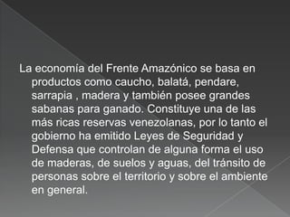 La economía del Frente Amazónico se basa en
productos como caucho, balatá, pendare,
sarrapia , madera y también posee grandes
sabanas para ganado. Constituye una de las
más ricas reservas venezolanas, por lo tanto el
gobierno ha emitido Leyes de Seguridad y
Defensa que controlan de alguna forma el uso
de maderas, de suelos y aguas, del tránsito de
personas sobre el territorio y sobre el ambiente
en general.

 