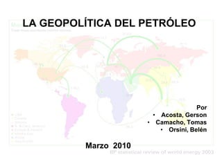 LA GEOPOLÍTICA DEL PETRÓLEO




                                      Por
                        • Acosta, Gerson
                      • Camacho, Tomas
                          • Orsini, Belén

         Marzo 2010
 