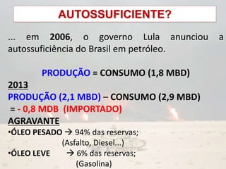 AUTOSSUFICIENTE?
... em 2006, o governo Lula anunciou a
autossuficiência do Brasil em petróleo.
PRODUÇÃO = CONSUMO (1,8 MBD)
2013
PRODUÇÃO (2,1 MBD) – CONSUMO (2,9 MBD)
= - 0,8 MDB (IMPORTADO)
AGRAVANTE
•ÓLEO PESADO  94% das reservas;
(Asfalto, Diesel...)
•ÓLEO LEVE  6% das reservas;
(Gasolina)
 