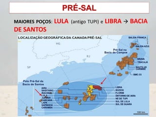 PRÉ-SAL
MAIORES POÇOS: LULA (antigo TUPI) e LIBRA  BACIA
DE SANTOS
 