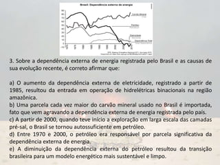 3. Sobre a dependência externa de energia registrada pelo Brasil e as causas de
sua evolução recente, é correto afirmar que:
a) O aumento da dependência externa de eletricidade, registrado a partir de
1985, resultou da entrada em operação de hidrelétricas binacionais na região
amazônica.
b) Uma parcela cada vez maior do carvão mineral usado no Brasil é importada,
fato que vem agravando a dependência externa de energia registrada pelo país.
c) A partir de 2000, quando teve início a exploração em larga escala das camadas
pré-sal, o Brasil se tornou autossuficiente em petróleo.
d) Entre 1970 e 2000, o petróleo era responsável por parcela significativa da
dependência externa de energia.
e) A diminuição da dependência externa do petróleo resultou da transição
brasileira para um modelo energético mais sustentável e limpo.
 