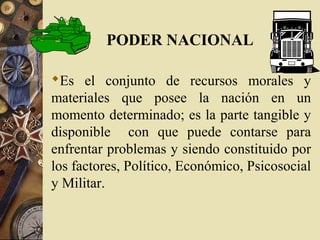 PODER NACIONAL
Es el conjunto de recursos morales y
materiales que posee la nación en un
momento determinado; es la parte tangible y
disponible con que puede contarse para
enfrentar problemas y siendo constituido por
los factores, Político, Económico, Psicosocial
y Militar.
 