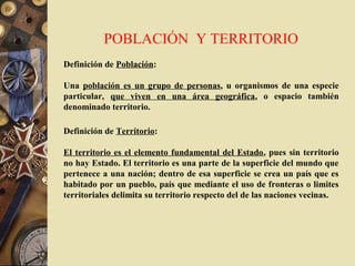 POBLACIÓN Y TERRITORIO
Definición de Población:
Una población es un grupo de personas, u organismos de una especie
particular, que viven en una área geográfica, o espacio también
denominado territorio.
Definición de Territorio:
El territorio es el elemento fundamental del Estado, pues sin territorio
no hay Estado. El territorio es una parte de la superficie del mundo que
pertenece a una nación; dentro de esa superficie se crea un país que es
habitado por un pueblo, país que mediante el uso de fronteras o limites
territoriales delimita su territorio respecto del de las naciones vecinas.
 