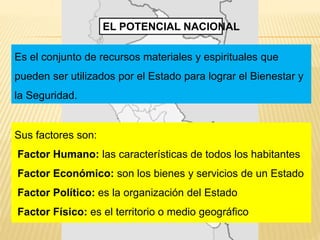 EL POTENCIAL NACIONAL
Es el conjunto de recursos materiales y espirituales que
pueden ser utilizados por el Estado para lograr el Bienestar y
la Seguridad.
Sus factores son:
Factor Humano: las características de todos los habitantes
Factor Económico: son los bienes y servicios de un Estado
Factor Político: es la organización del Estado
Factor Físico: es el territorio o medio geográfico
 
